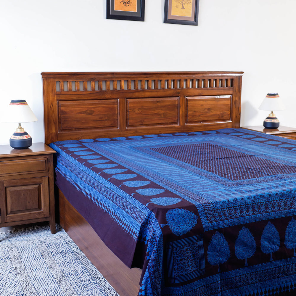 Blue - Bagh Block Printed Natural Dyed Pure Cotton Double Bed Cover (110 x 88 in)