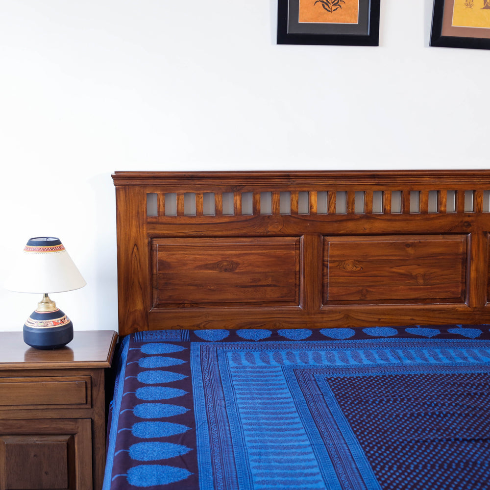 Blue - Bagh Block Printed Natural Dyed Pure Cotton Double Bed Cover (110 x 88 in)