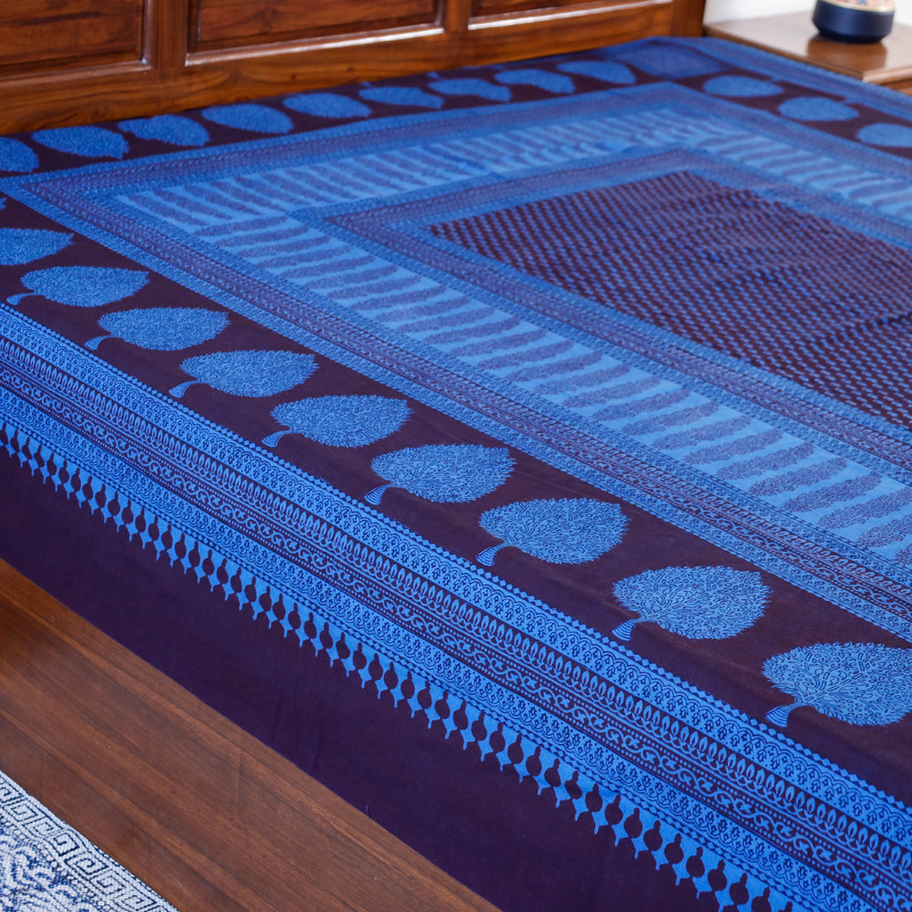 Blue - Bagh Block Printed Natural Dyed Pure Cotton Double Bed Cover (110 x 88 in)