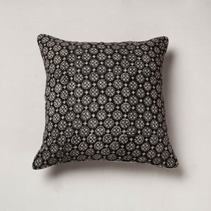Black - Bagru Block Printed Cotton Cushion Cover (16 x 16 in)