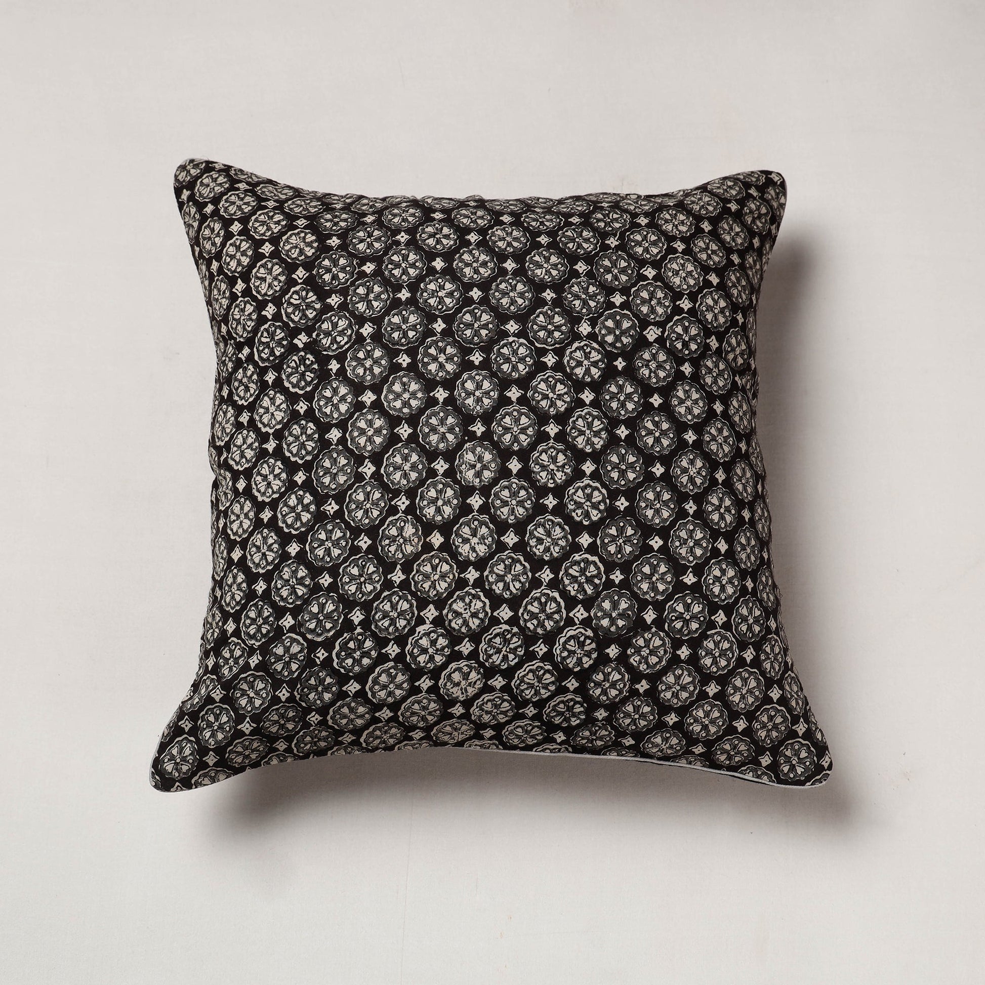 Black - Bagru Block Printed Cotton Cushion Cover (16 x 16 in)