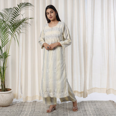Beige Chikankari Hand Embroidery Soft Cotton Kurta with Palazzo Set