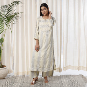 Beige Chikankari Hand Embroidery Soft Cotton Kurta with Palazzo Set