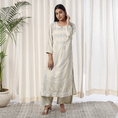 Beige Chikankari Hand Embroidery Soft Cotton Kurta with Palazzo Set