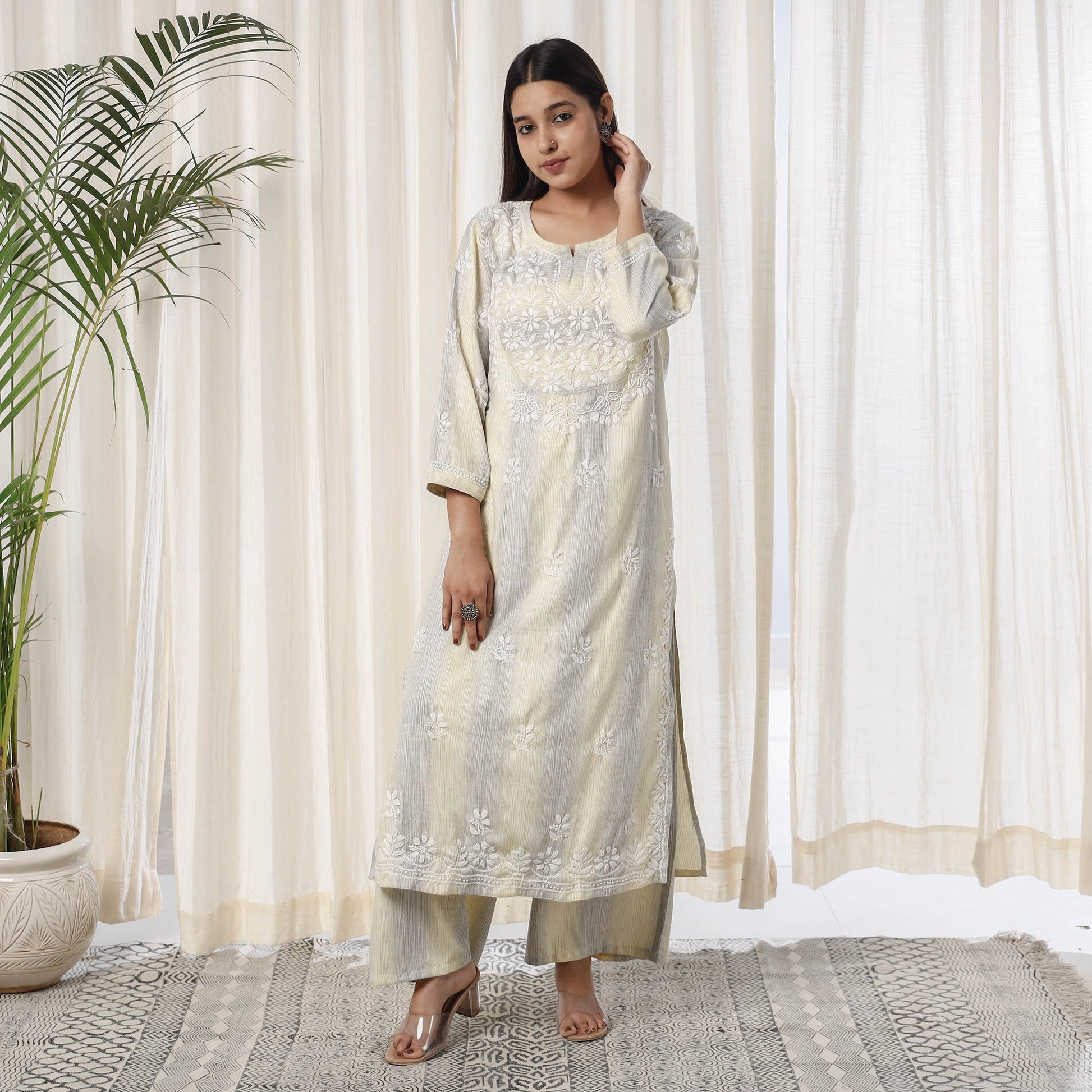 Beige Chikankari Hand Embroidery Soft Cotton Kurta with Palazzo Set