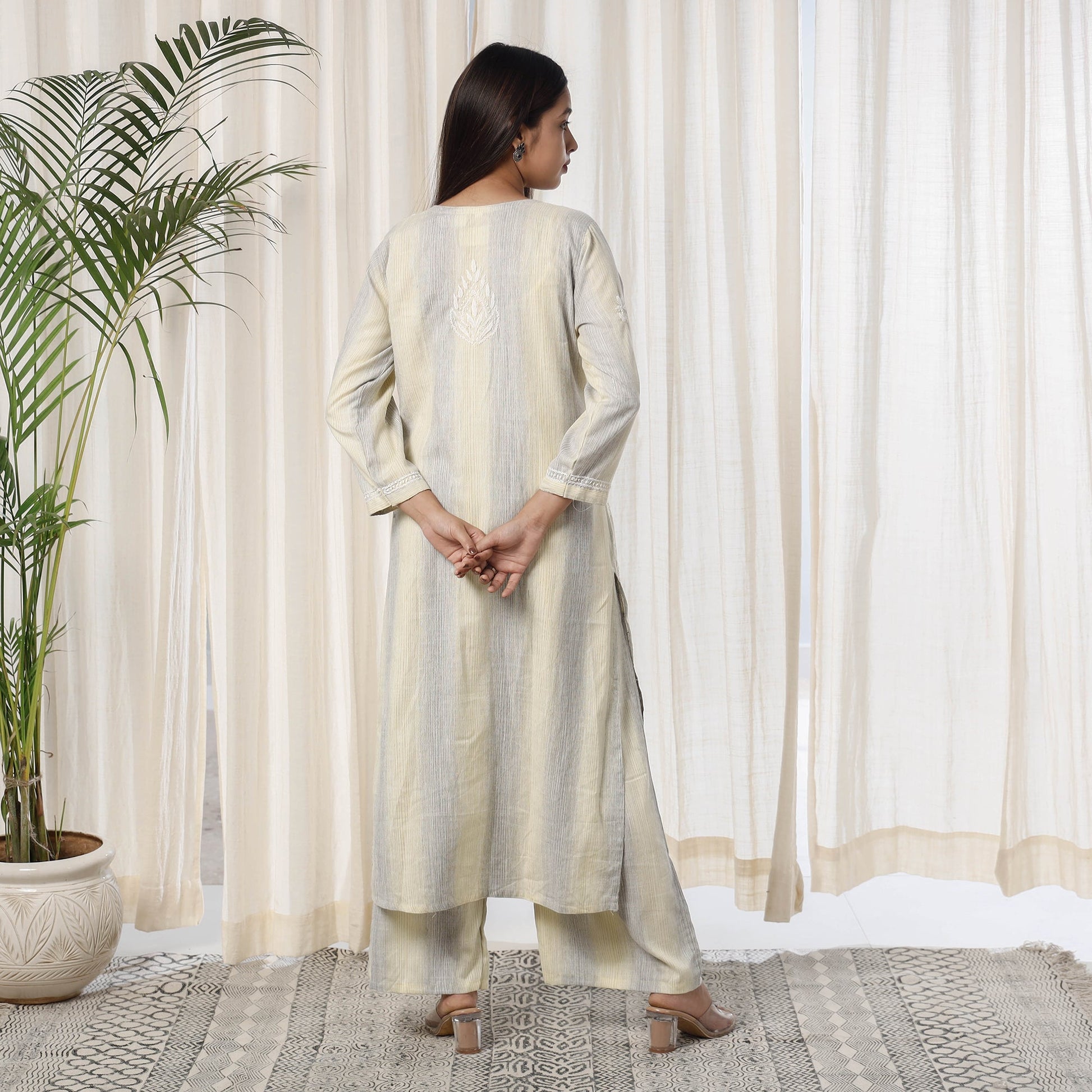 Beige Chikankari Hand Embroidery Soft Cotton Kurta with Palazzo Set