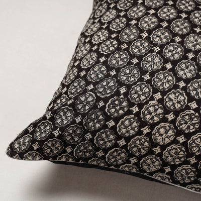 Black - Bagru Block Printed Cotton Cushion Cover (16 x 16 in)