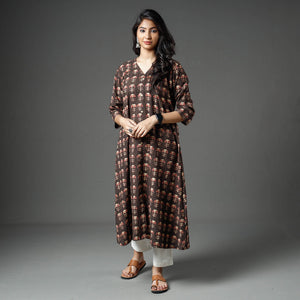 Brown - Akola Block Printed Cotton A-Line Long Kurta