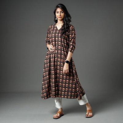Brown - Akola Block Printed Cotton A-Line Long Kurta