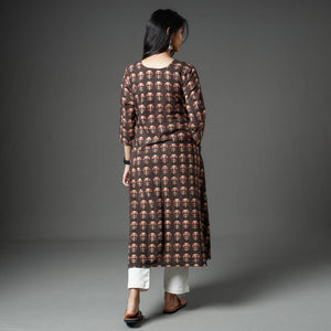 Brown - Akola Block Printed Cotton A-Line Long Kurta