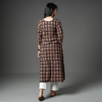 Brown - Akola Block Printed Cotton A-Line Long Kurta