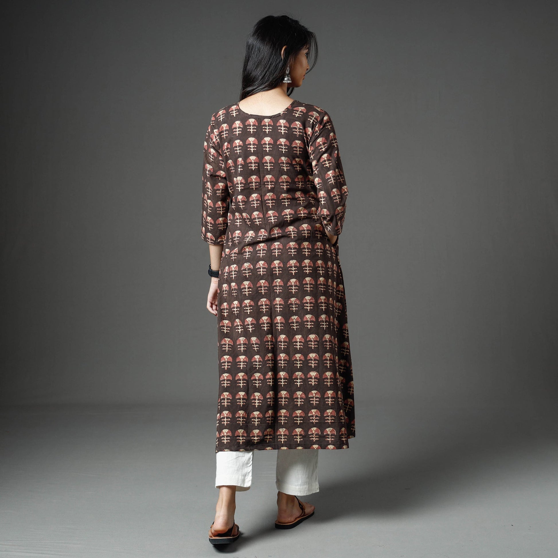 Brown - Akola Block Printed Cotton A-Line Long Kurta