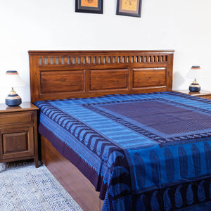 Blue - Bagh Block Printed Natural Dyed Pure Cotton Double Bed Cover (110 x 88 in)