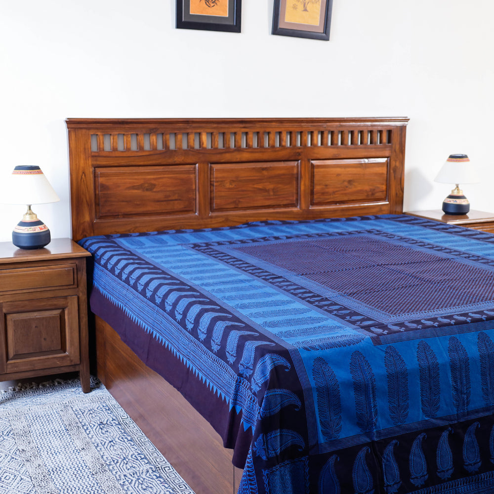 Blue - Bagh Block Printed Natural Dyed Pure Cotton Double Bed Cover (110 x 88 in)