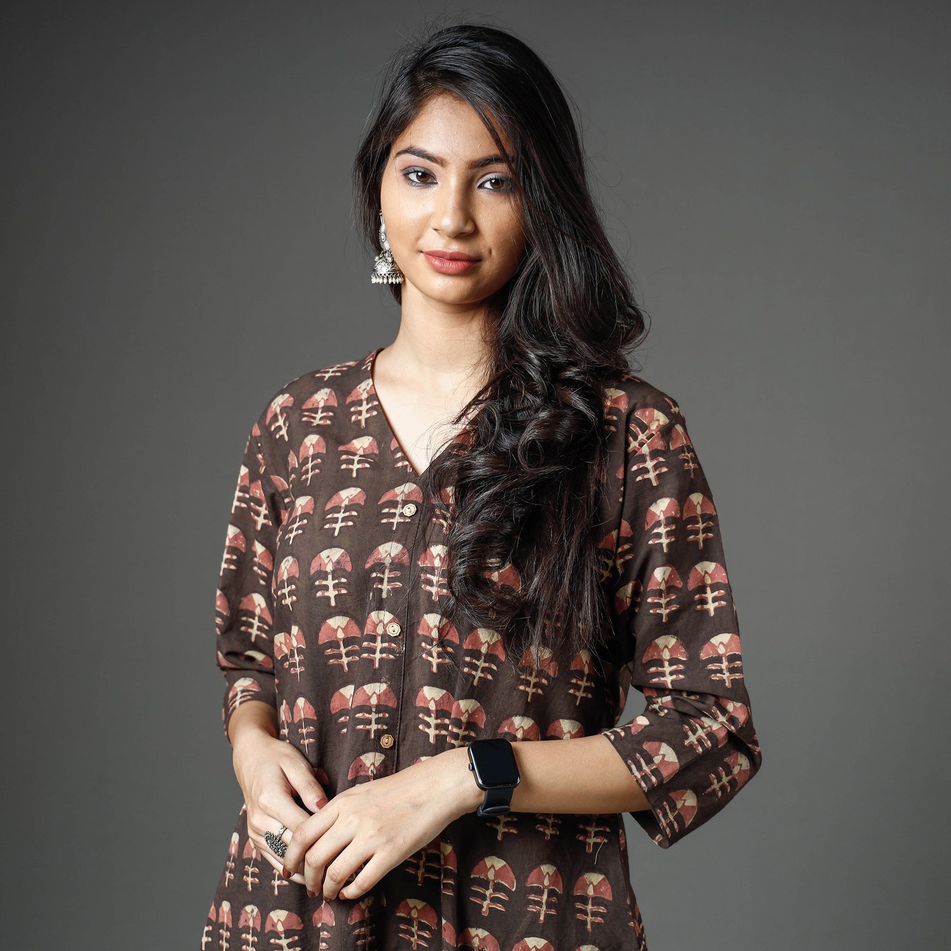 Brown - Akola Block Printed Cotton A-Line Long Kurta