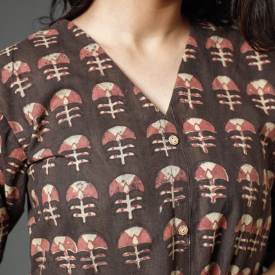 Brown - Akola Block Printed Cotton A-Line Long Kurta
