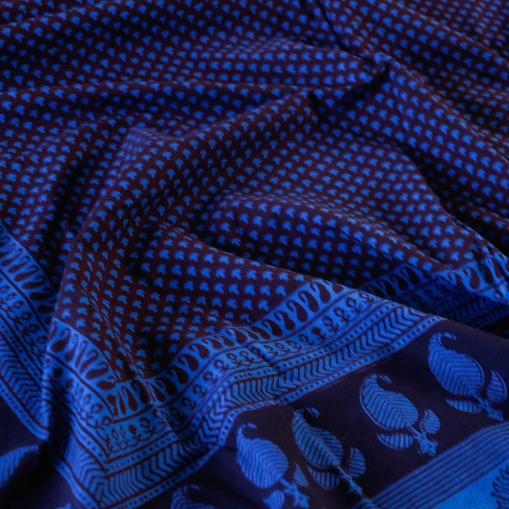 Blue - Bagh Block Printed Natural Dyed Pure Cotton Double Bed Cover (110 x 88 in)