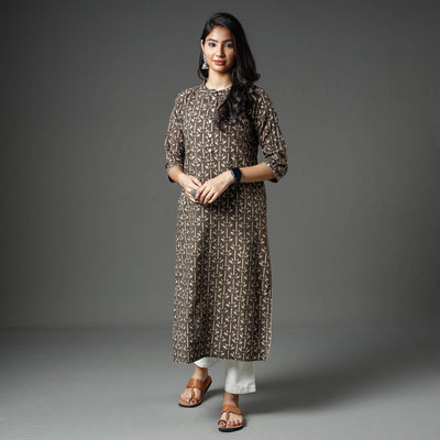Brown - Akola Block Printed Cotton Long Straight Kurta