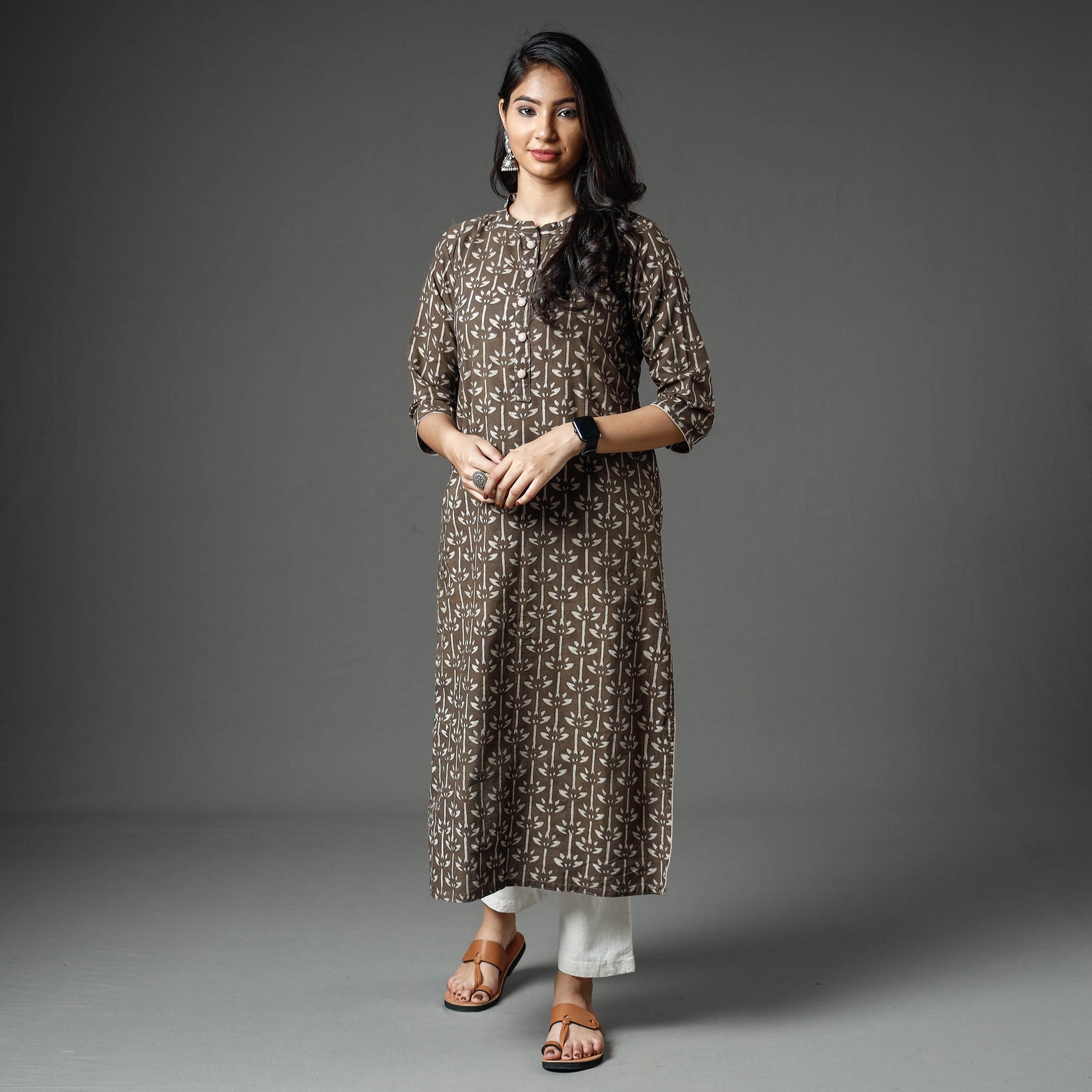 Brown - Akola Block Printed Cotton Long Straight Kurta