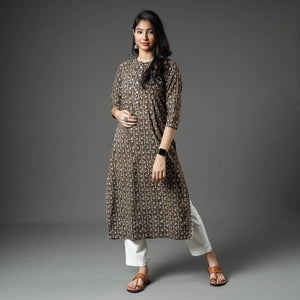 Brown - Akola Block Printed Cotton Long Straight Kurta