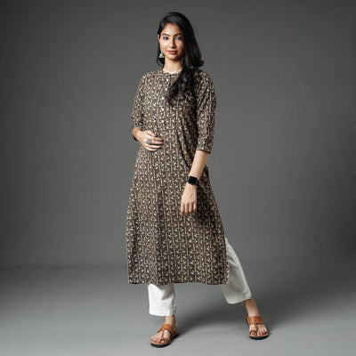 Brown - Akola Block Printed Cotton Long Straight Kurta