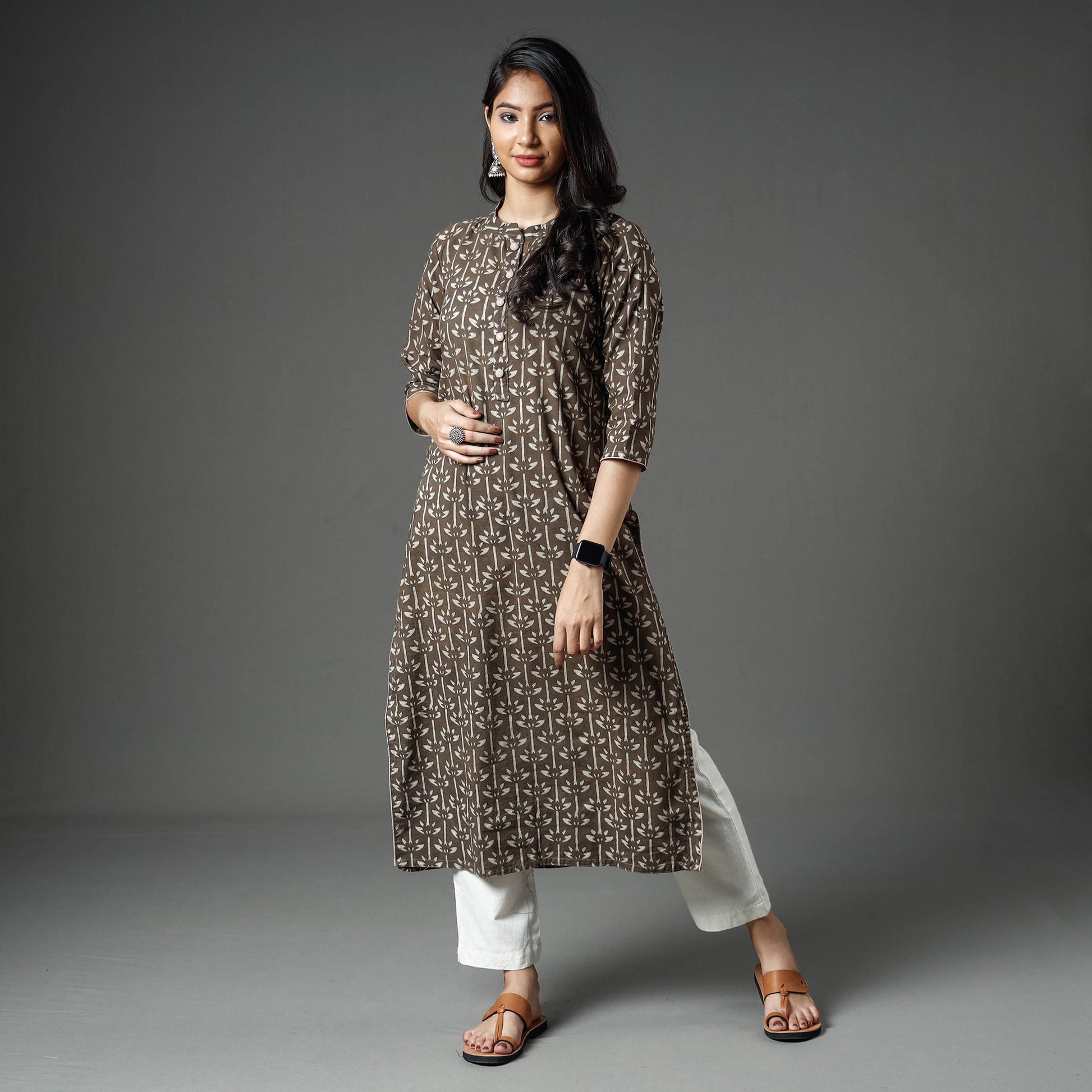 Brown - Akola Block Printed Cotton Long Straight Kurta