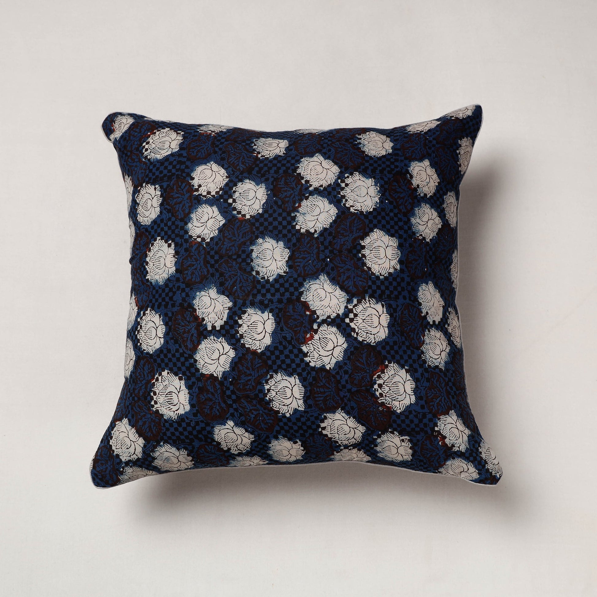 Blue - Bagru Block Printed Cotton Cushion Cover (16 x 16 in)