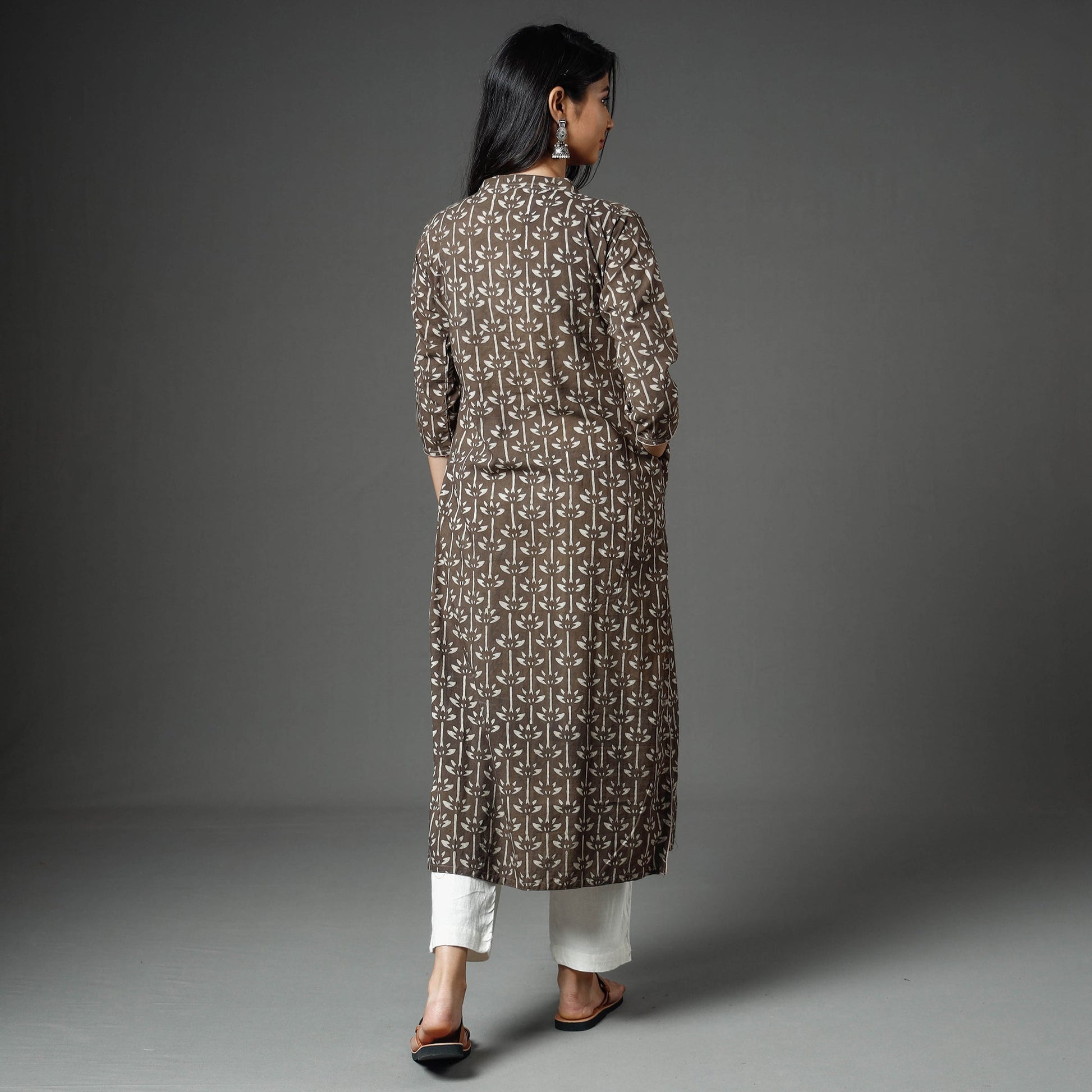 Brown - Akola Block Printed Cotton Long Straight Kurta