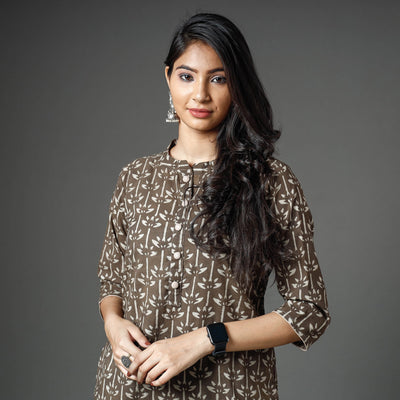 Brown - Akola Block Printed Cotton Long Straight Kurta