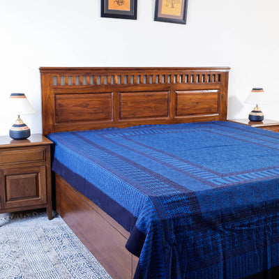 Blue - Bagh Block Printed Natural Dyed Pure Cotton Double Bed Cover (110 x 88 in)
