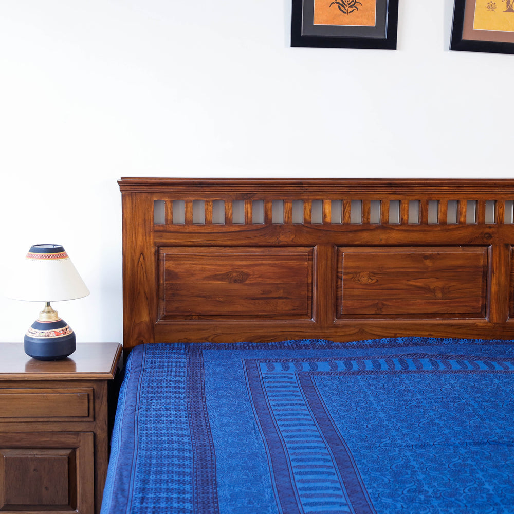 Blue - Bagh Block Printed Natural Dyed Pure Cotton Double Bed Cover (110 x 88 in)