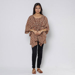 Brown - Sanganeri Block Printed Cotton Kaftan with Tie-Up Waist (Short)