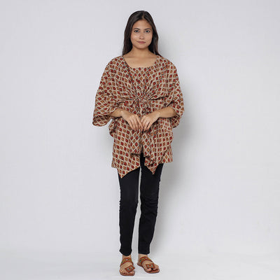 Brown - Sanganeri Block Printed Cotton Kaftan with Tie-Up Waist (Short)