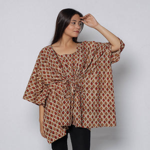 Brown - Sanganeri Block Printed Cotton Kaftan with Tie-Up Waist (Short)