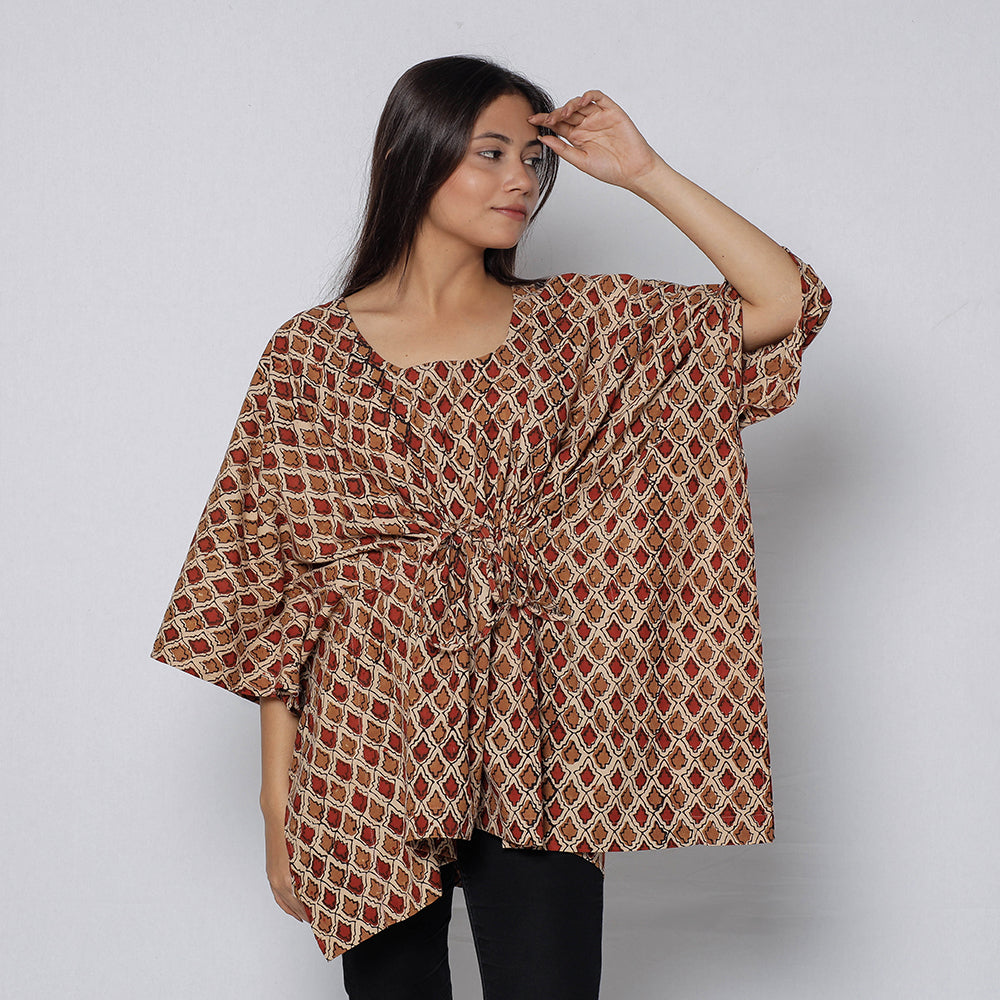 Brown - Sanganeri Block Printed Cotton Kaftan with Tie-Up Waist (Short)