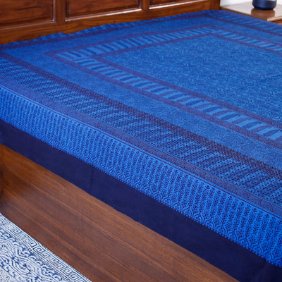 Blue - Bagh Block Printed Natural Dyed Pure Cotton Double Bed Cover (110 x 88 in)