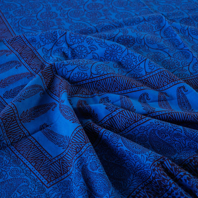 Blue - Bagh Block Printed Natural Dyed Pure Cotton Double Bed Cover (110 x 88 in)