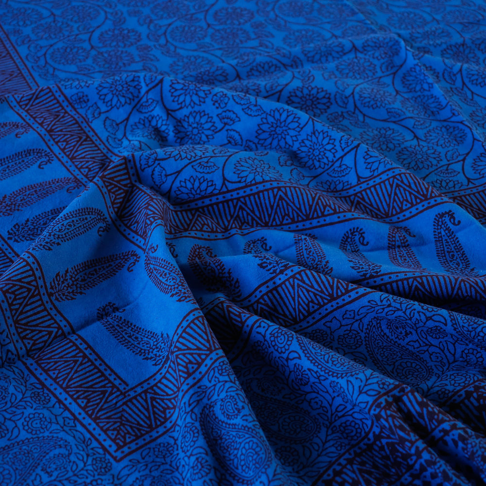 Blue - Bagh Block Printed Natural Dyed Pure Cotton Double Bed Cover (110 x 88 in)