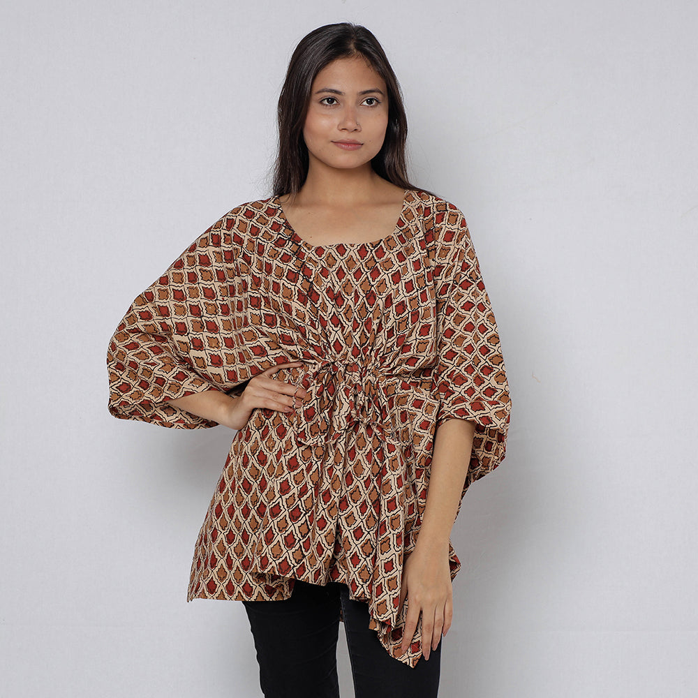 Brown - Sanganeri Block Printed Cotton Kaftan with Tie-Up Waist (Short)