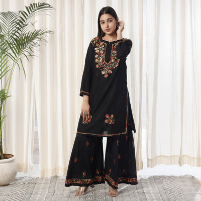 Black - Chikankari Hand Embroidery Cotton Kurta with Sharara Set