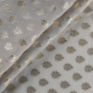 Beige - Pure Banarasi Handwoven Cutwork Zari Buti Silk Cotton Fabric