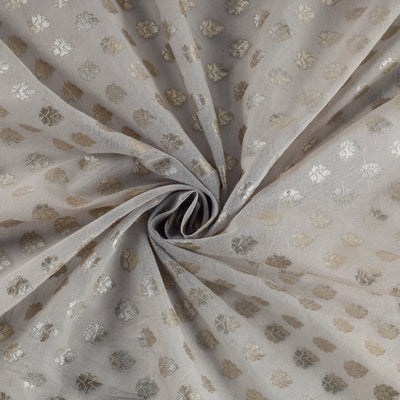 Beige - Pure Banarasi Handwoven Cutwork Zari Buti Silk Cotton Fabric