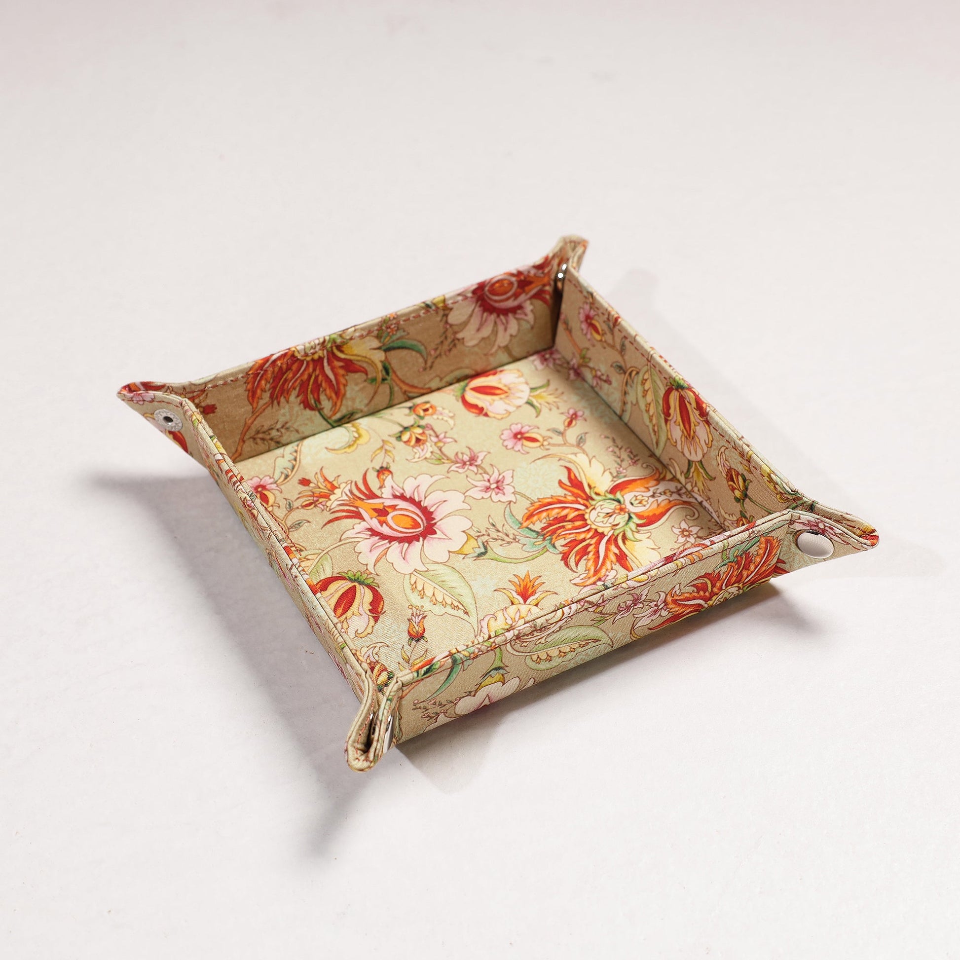 Beige - Floral Printed Handcrafted Basket / Valet Tray (6 x 6 in)