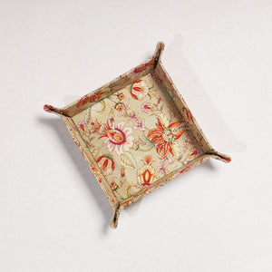 Beige - Floral Printed Handcrafted Basket / Valet Tray (6 x 6 in)