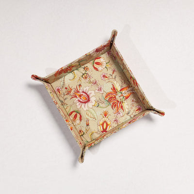 Beige - Floral Printed Handcrafted Basket / Valet Tray (6 x 6 in)