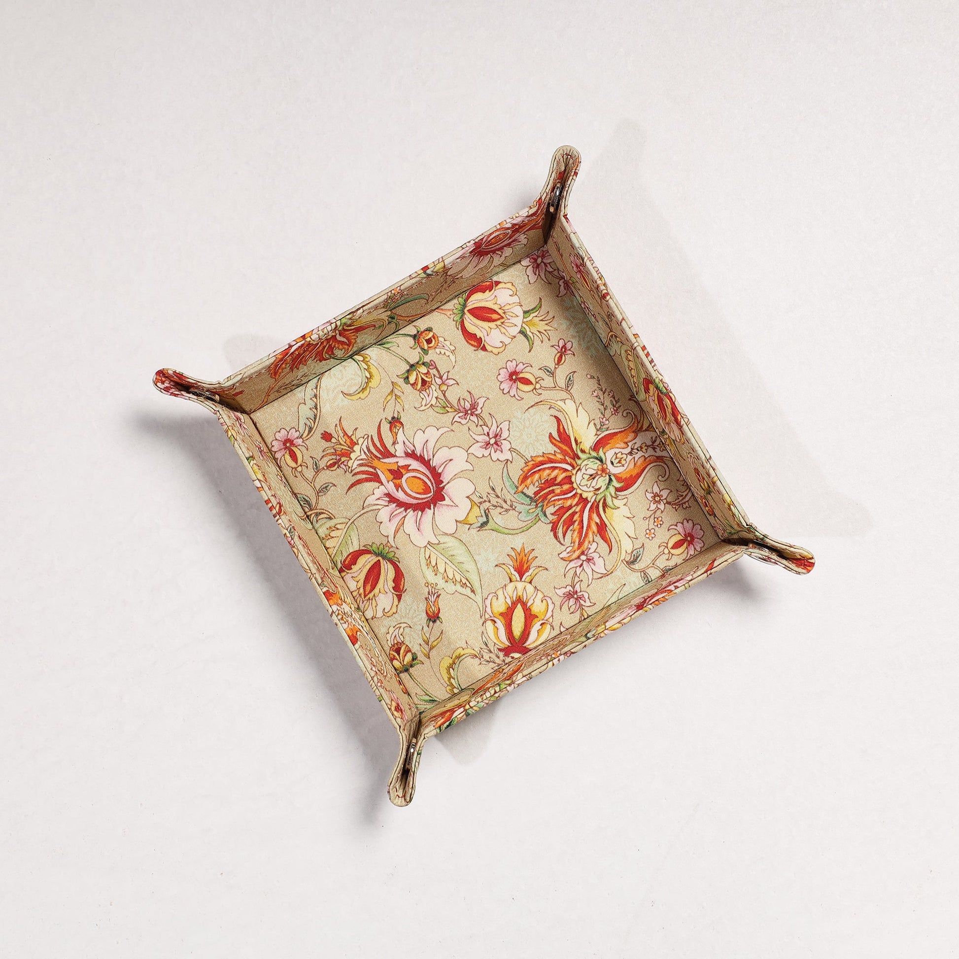 Beige - Floral Printed Handcrafted Basket / Valet Tray (6 x 6 in)