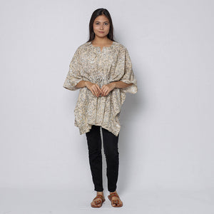 Beige - Sanganeri Block Printed Cotton Kaftan with Tie-Up Waist (Short)