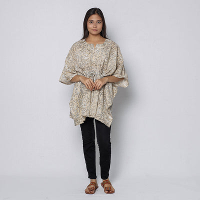 Beige - Sanganeri Block Printed Cotton Kaftan with Tie-Up Waist (Short)