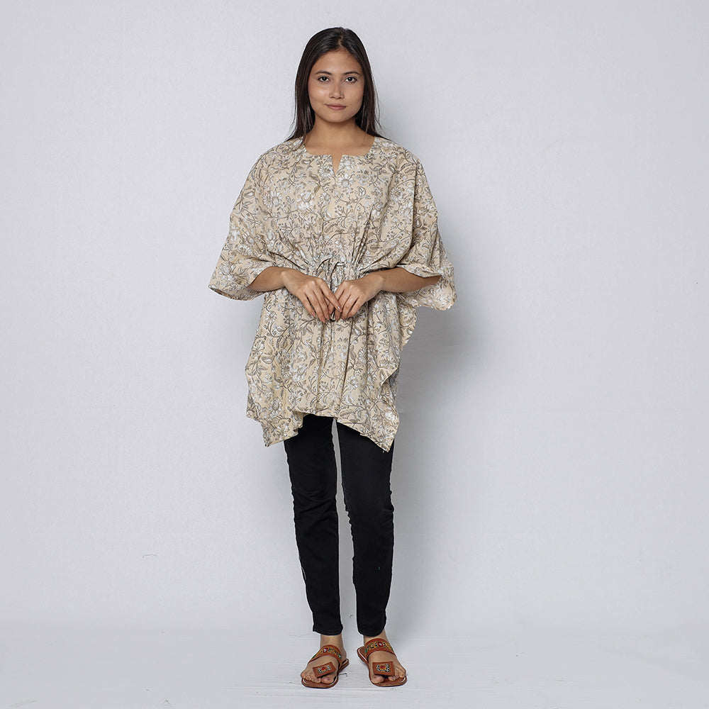 Beige - Sanganeri Block Printed Cotton Kaftan with Tie-Up Waist (Short)