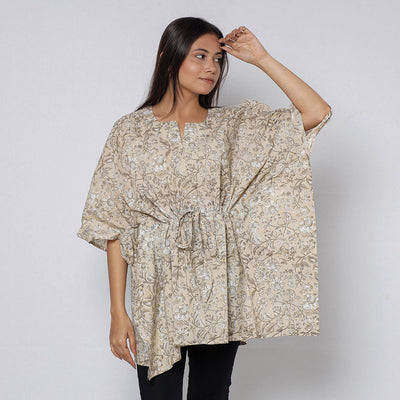Beige - Sanganeri Block Printed Cotton Kaftan with Tie-Up Waist (Short)